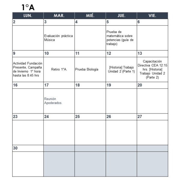 Calendario de evaluaciones mes de junio, para primeros medios.