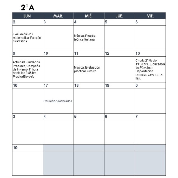 Calendario de evaluaciones mes de junio, para segundos medios.