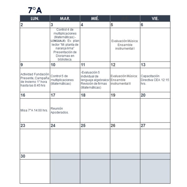 Calendario de evaluaciones mes de junio, para séptimo y octavo básico.