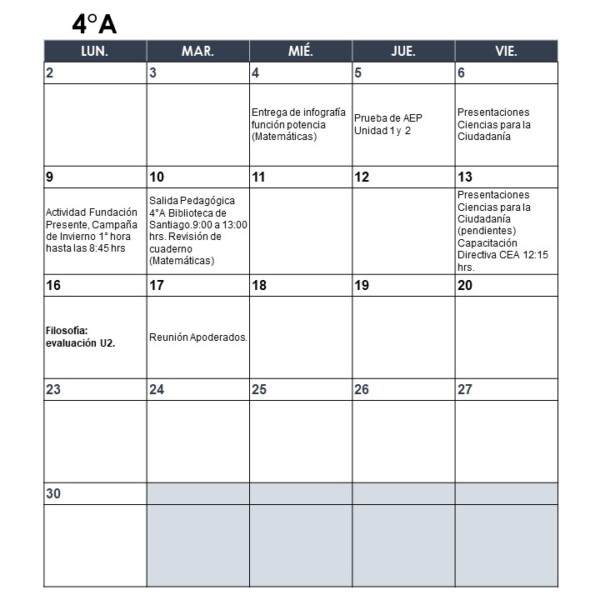 Calendario de evaluaciones mes de junio, para cuartos medios.