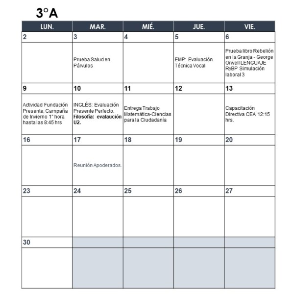 Calendario de evaluaciones mes de junio, para terceros medios.